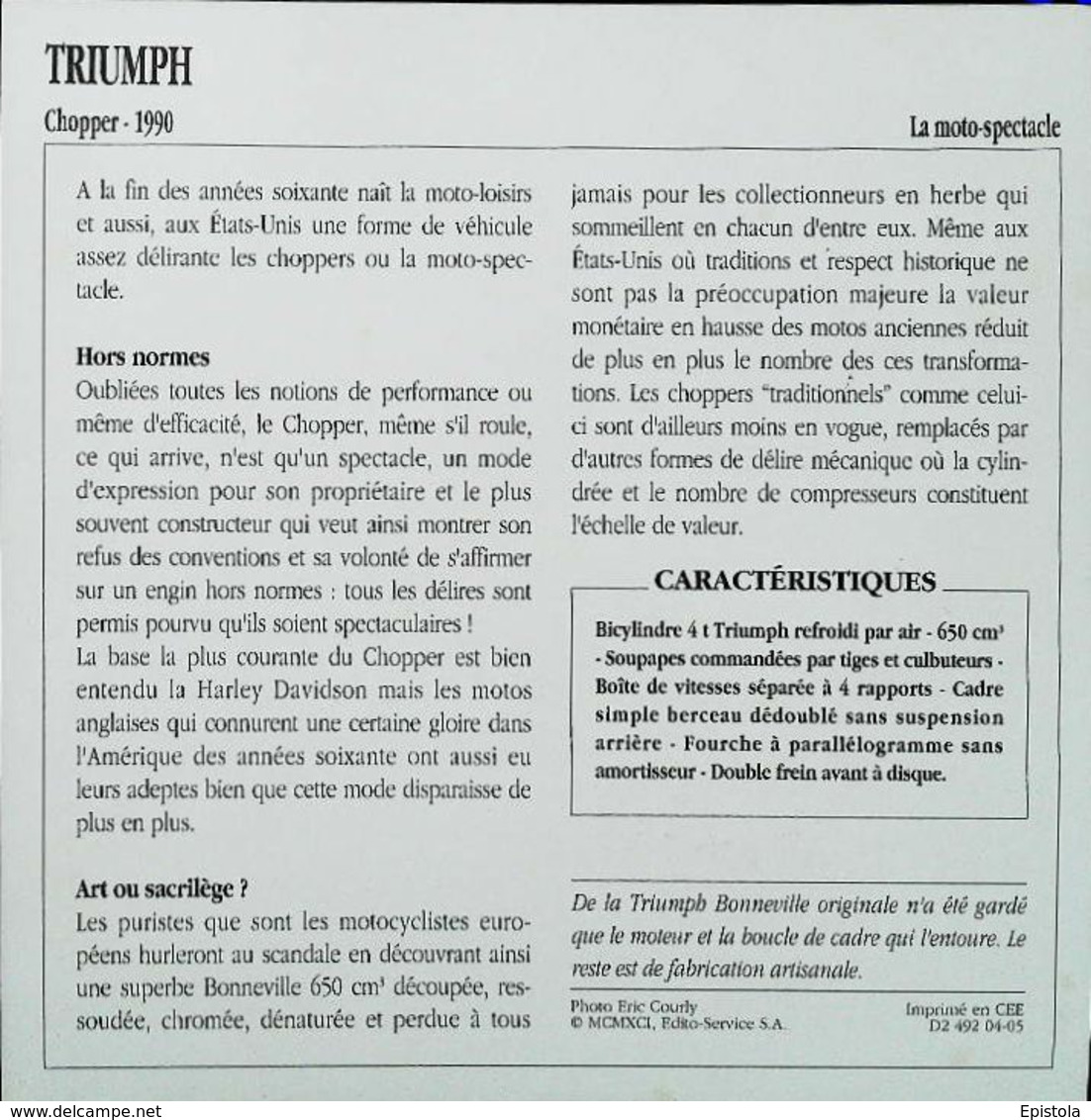 "Motorbike TRIUMPH  650cc Chopper 1990" Moto Anglaise - Collection Fiche Technique Edito-Service S.A. - Verzamelingen