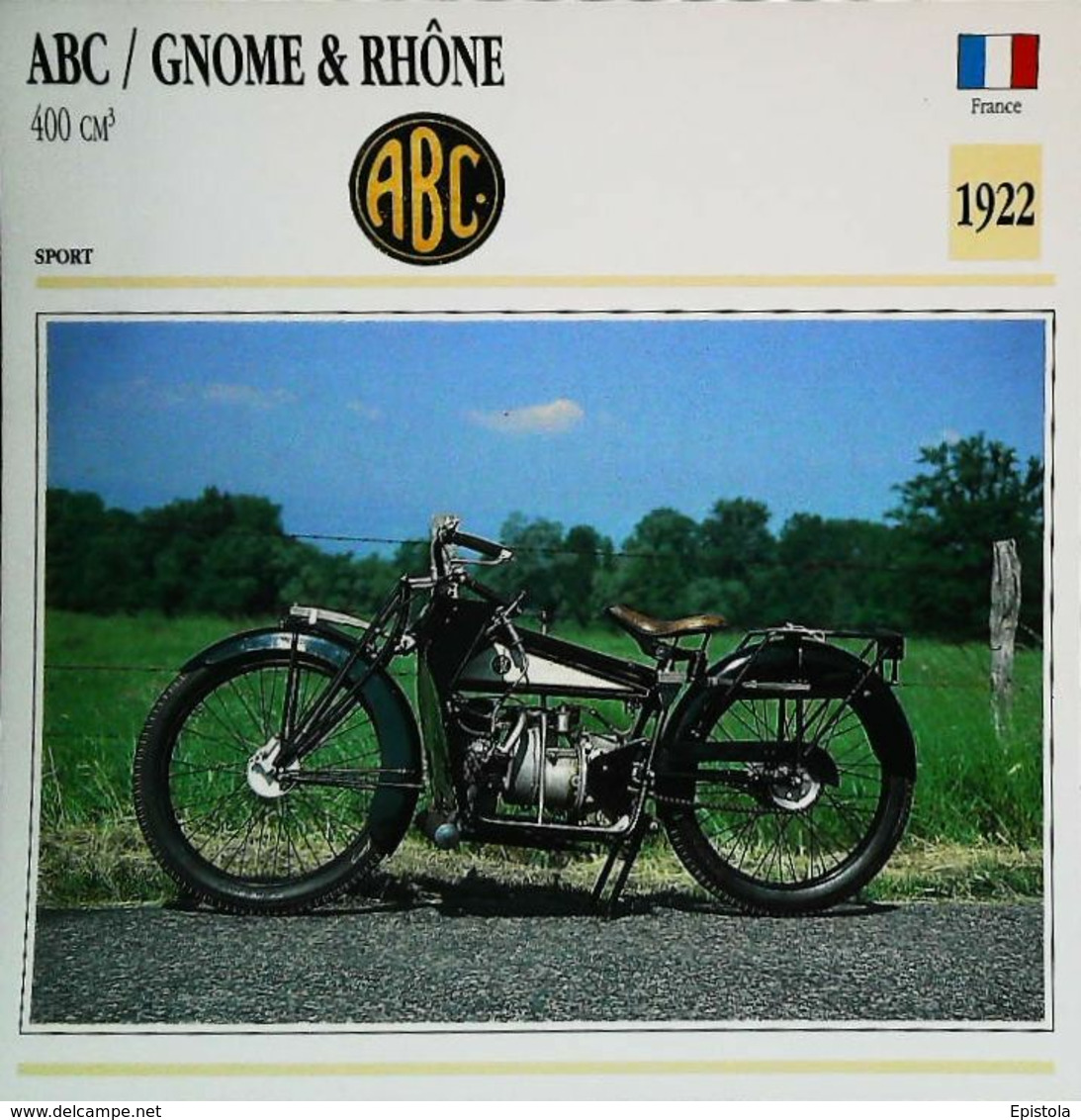 "ABC / GNOME & RHONE 400cc 1922 " Moto Française - Collection Fiche Technique Edito-Service S.A. - Collections