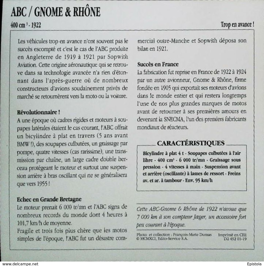 "ABC / GNOME & RHONE 400cc 1922 " Moto Française - Collection Fiche Technique Edito-Service S.A. - Collections