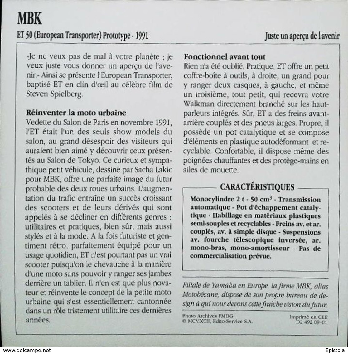 "MOTOBECANE MBK ET 50 European Transporter 1991" Moto Française - Collection Fiche Technique Edito-Service S.A. - Collections