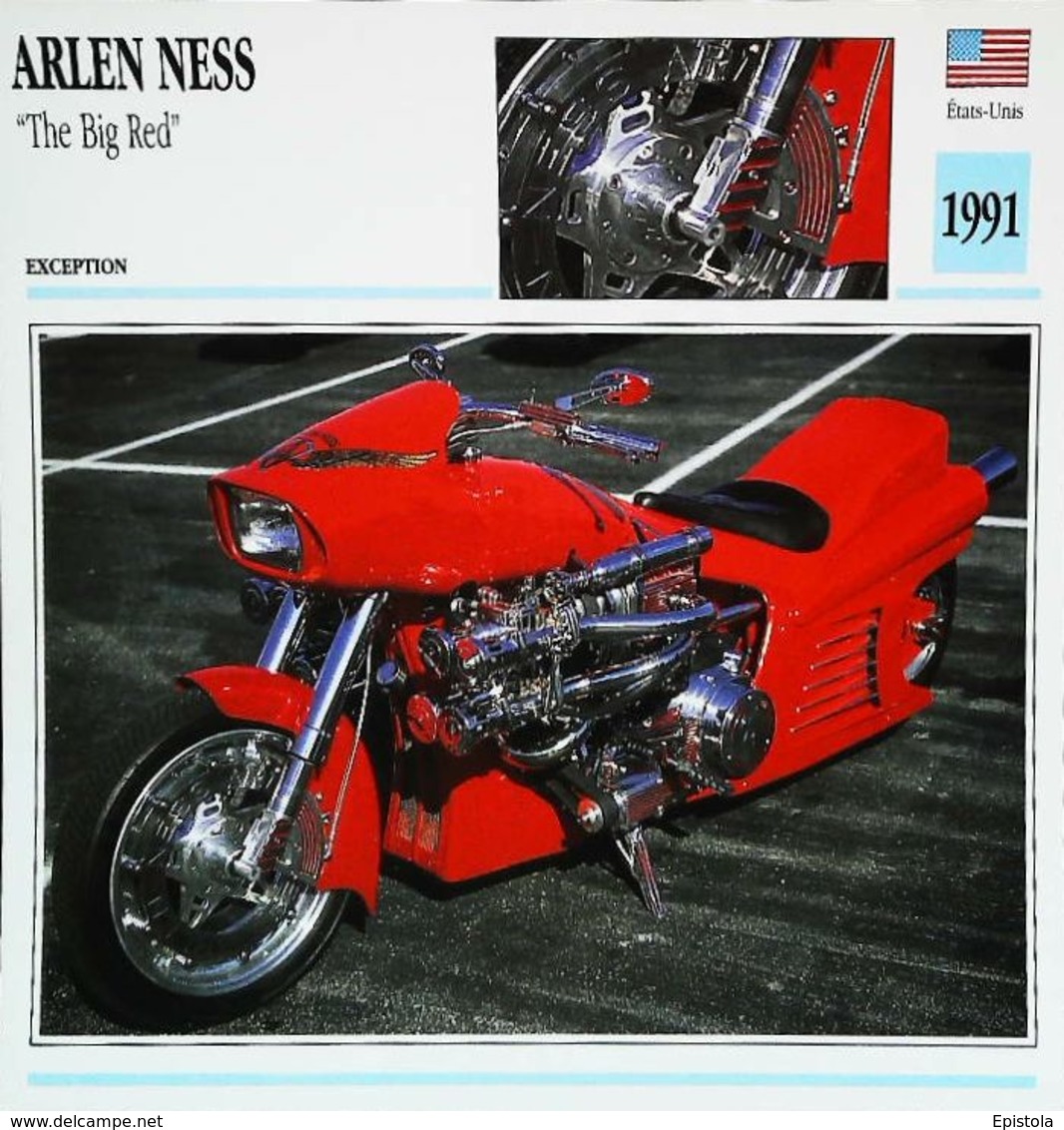 " Motorcycle ARLEN NESS  2100cc The Big Red 1991 " Moto Américaine - Collection Fiche Technique Edito-Service S.A. - Verzamelingen