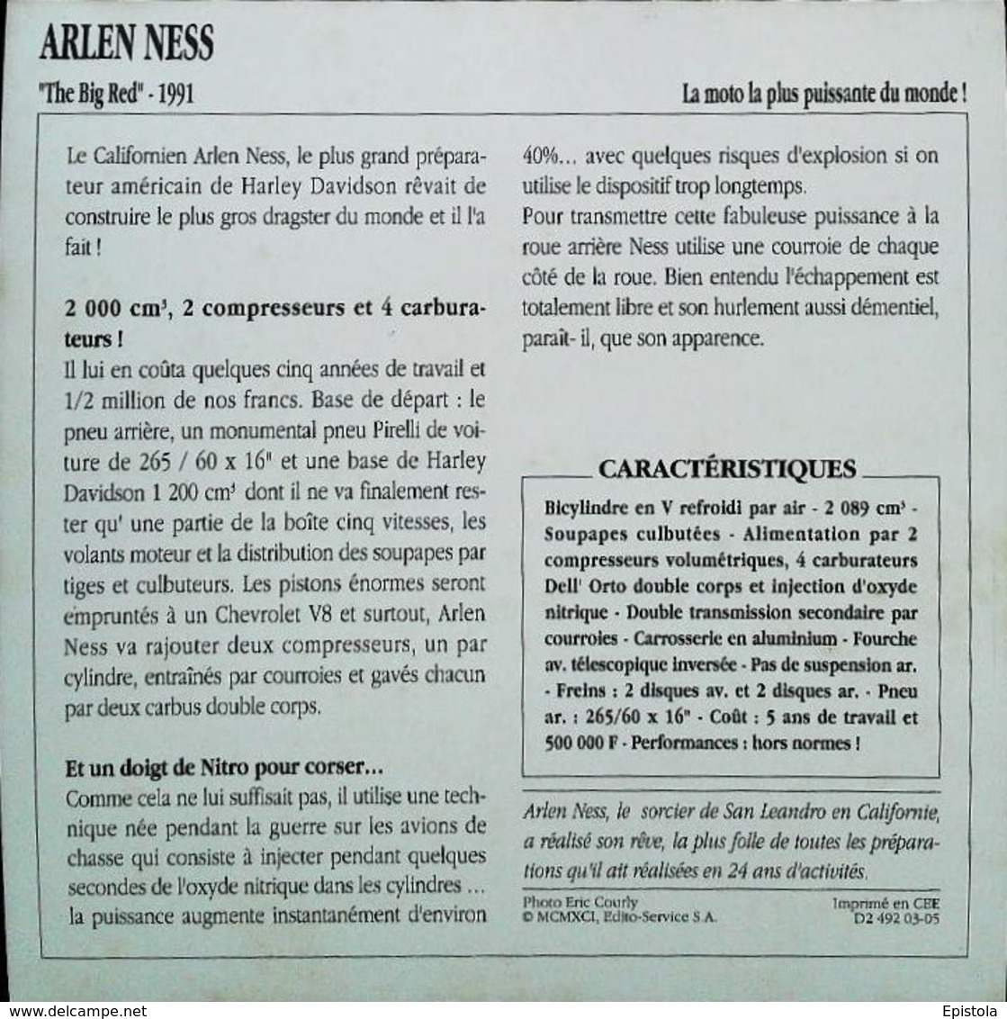 " Motorcycle ARLEN NESS  2100cc The Big Red 1991 " Moto Américaine - Collection Fiche Technique Edito-Service S.A. - Collezioni