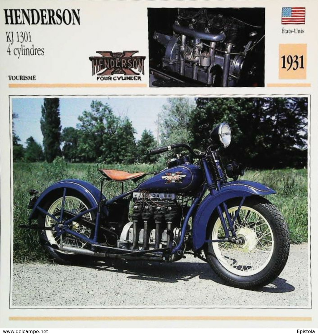 "Motorcycle  HENDERSON 1300cc 1931" Moto Américaine - Collection Fiche Technique Edito-Service S.A. - Collections