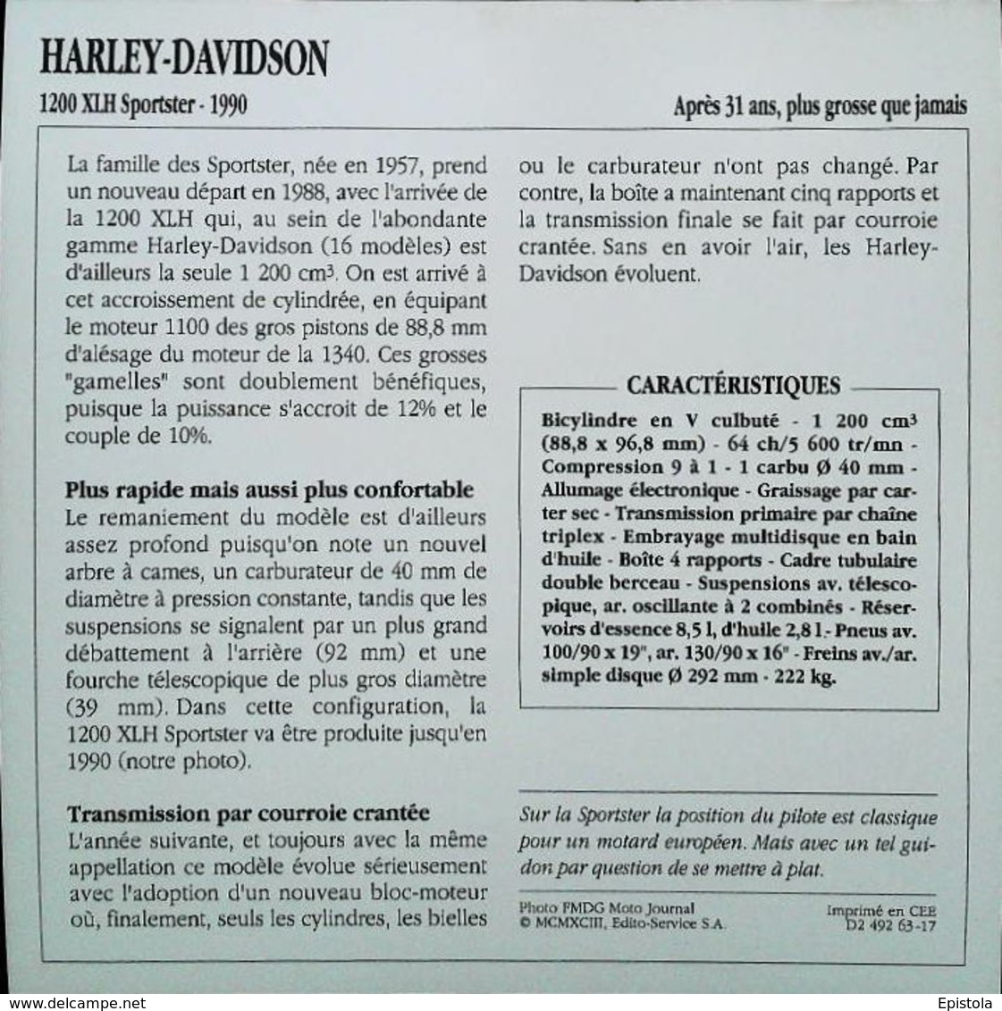 Motorcycle HARLEY-DAVIDSON 1200cc XLH Sportster 1990 - Moto Américaine - Collection Fiche Technique Edito-Service S.A. - Collezioni