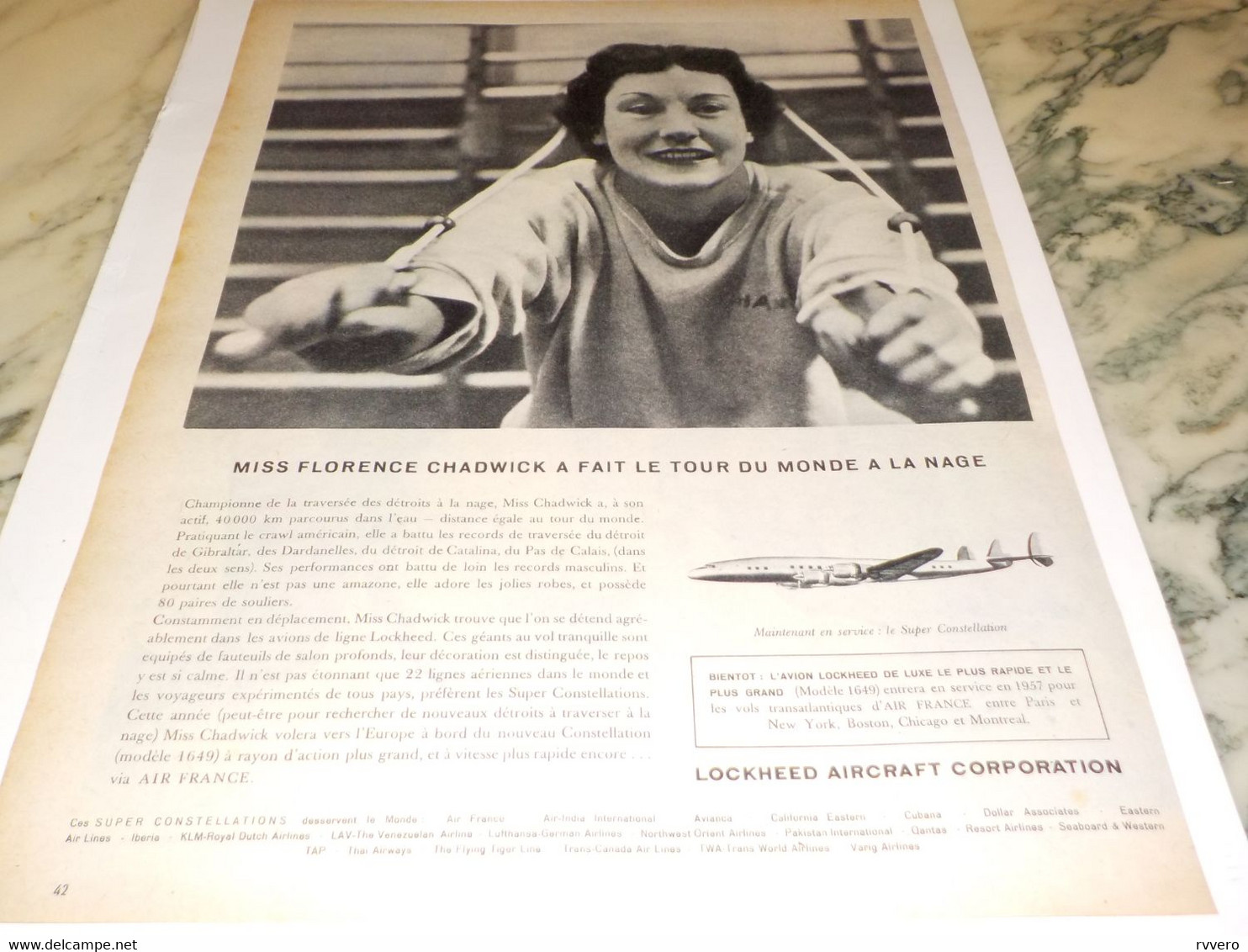 ANCIENNE PUBLICITE MISS FLORENCE CHADWICK ET L AVION LOCKHEED  1957 - Advertisements