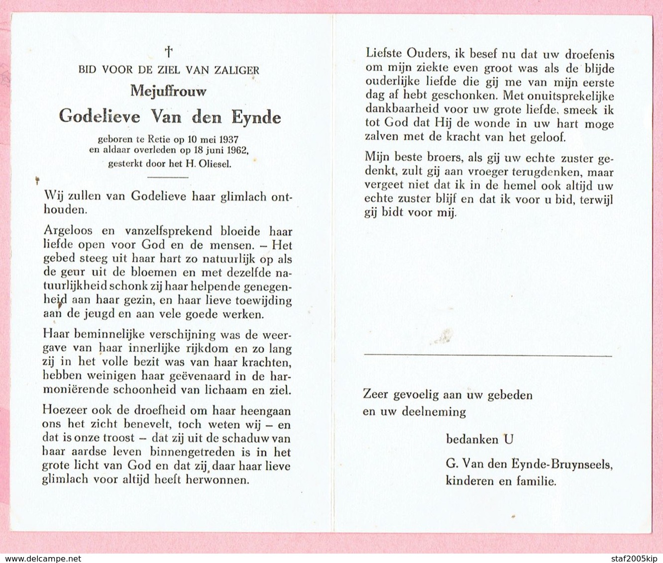 Bidprentje - Mej. Godelieve Van Den Eynde - Retie 1937 - 1962 - Religion & Esotericism