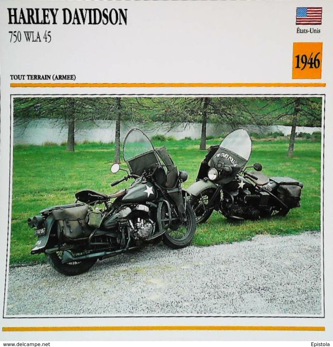 Motorcycle HARLEY-DAVIDSON  750cc WLA 45 1946 Military Police  - Collection Fiche Technique Edito-Service S.A. - Collections