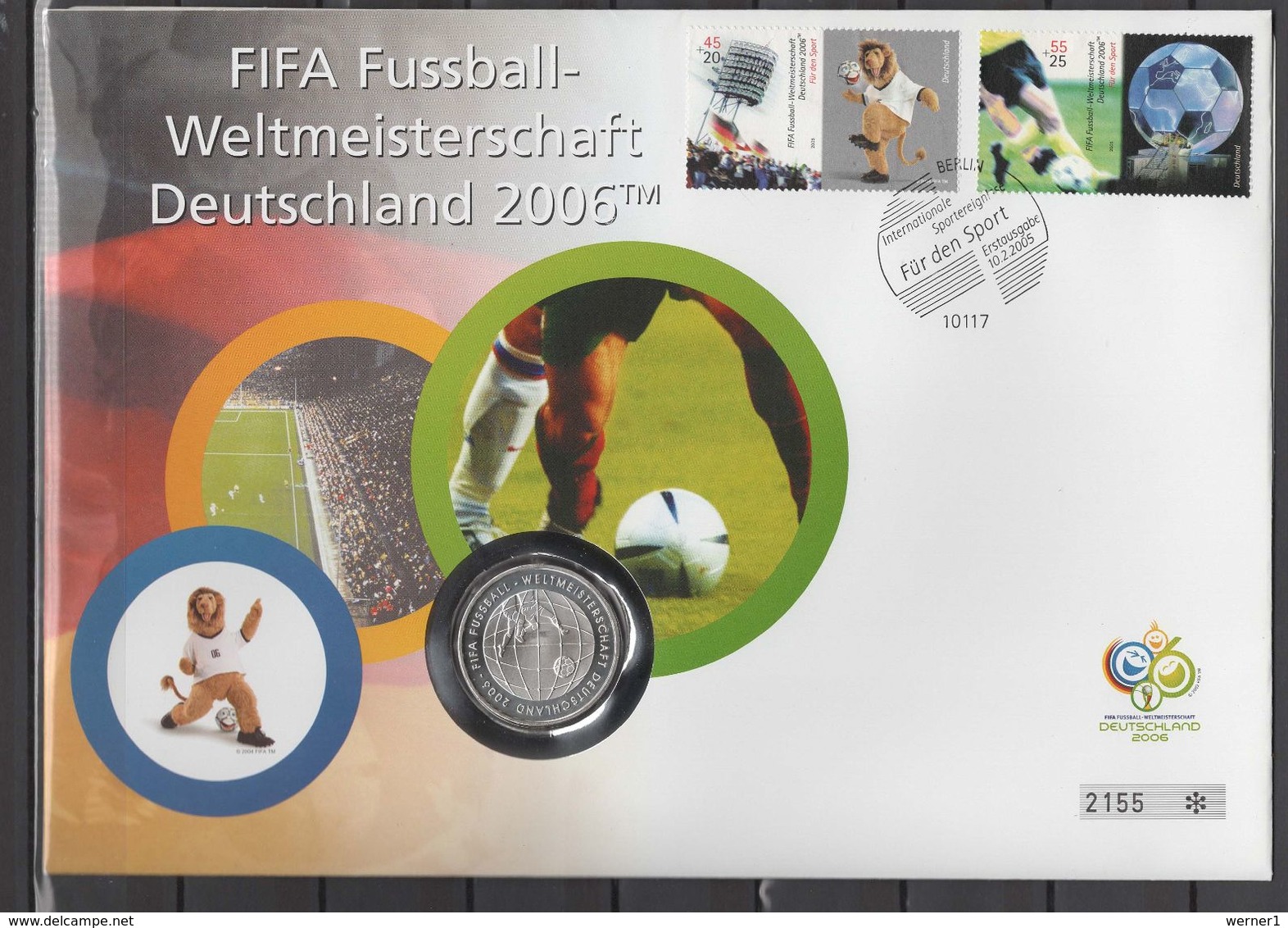 Germany 2005 Football Soccer World Cup Numismatic Cover With 2 Stamps + 10 Euro Silver Coin - 2006 – Deutschland