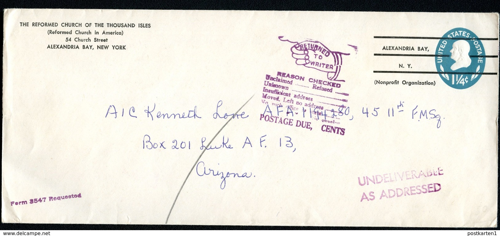 U541a UPSS #3480-47 PSE Cover Used Alexandria Bay NY RETURN TO WRITER - 1941-60