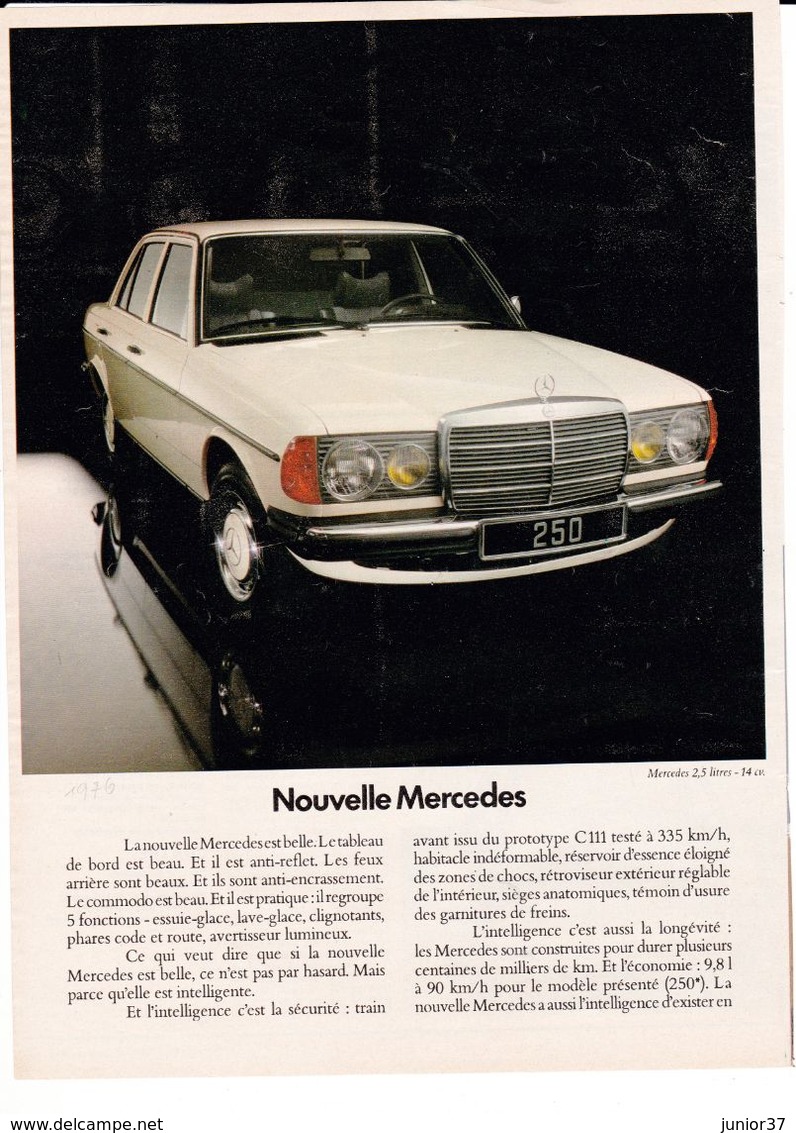 Feuillet De Magazine Mercedes 250  2.5 Litres 14 Cv 1976 - Cars