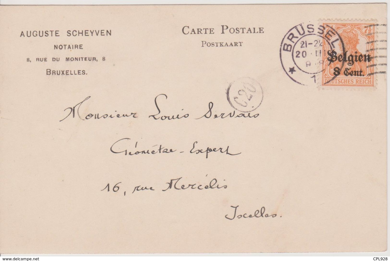 Entier Postal OC13 8 Cent. Belgien , Occupation Allemande, De Bruxelles, 20.03.1918, Repiquage Notaire - OC1/25 Generalgouvernement 