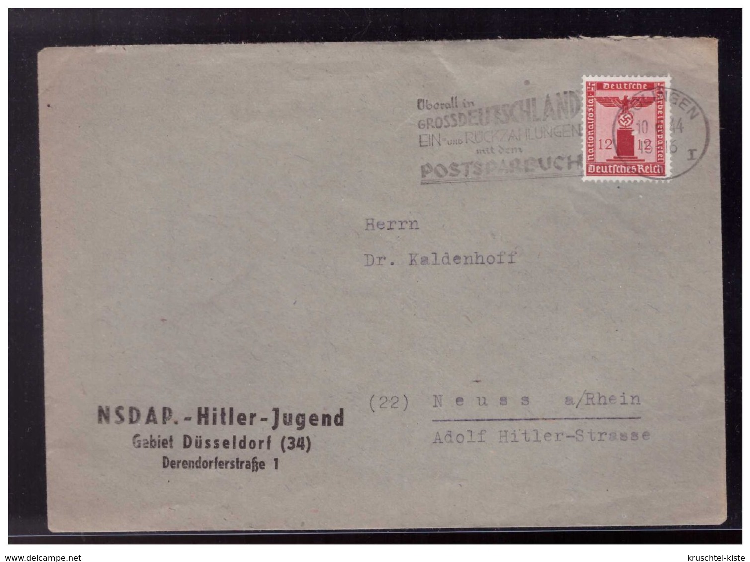 Dt- Reich (008551) Propaganda Dienstbrief NSDAP Hitler-Jugend Gebiet Düsseldorf 34, Vorgedruckt, Gelaufen Solingen 1944 - Andere & Zonder Classificatie