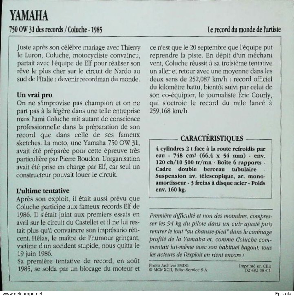 " YAMAHA 750cc OW31  & COLUCHE    1985 " Tentative De Record De Vitesse - Collection Fiche Technique Edito-Service S.A. - Verzamelingen
