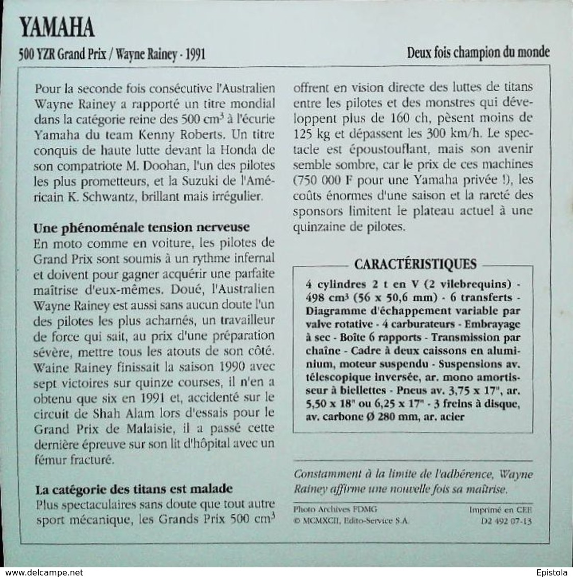 " YAMAHA  500cc YZR Grand Prix & WAYNE RAINEY  1991"  - Collection Fiche Technique Edito-Service S.A. - Collections
