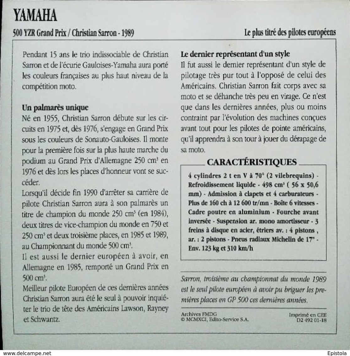 " YAMAHA  500cc YZR Grand Prix & CHRISTIAN SARRON  1989"  - Collection Fiche Technique Edito-Service S.A. - Collezioni