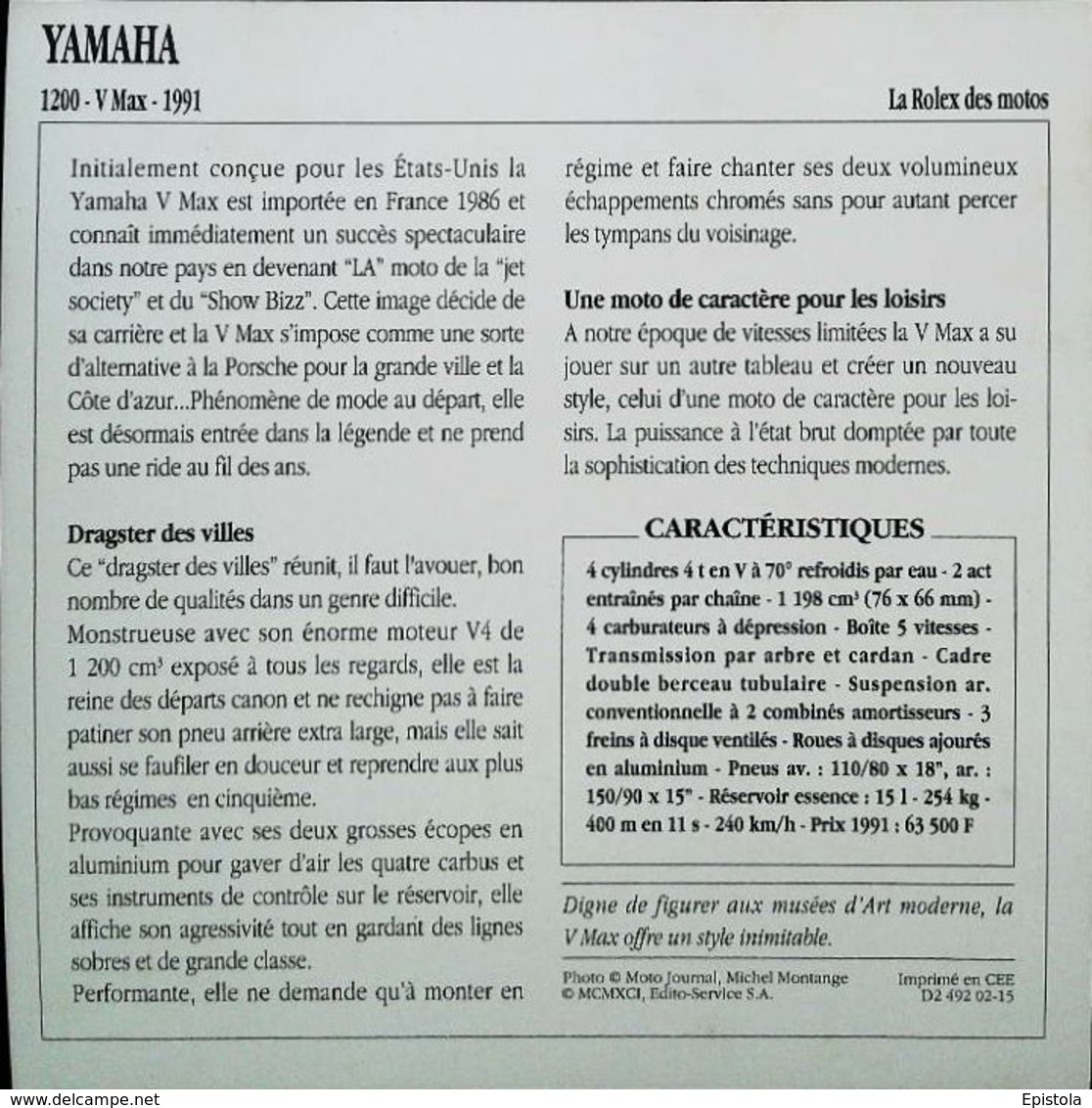 " YAMAHA  1200cc V MAX 1991"  - Collection Fiche Technique Edito-Service S.A. - Verzamelingen