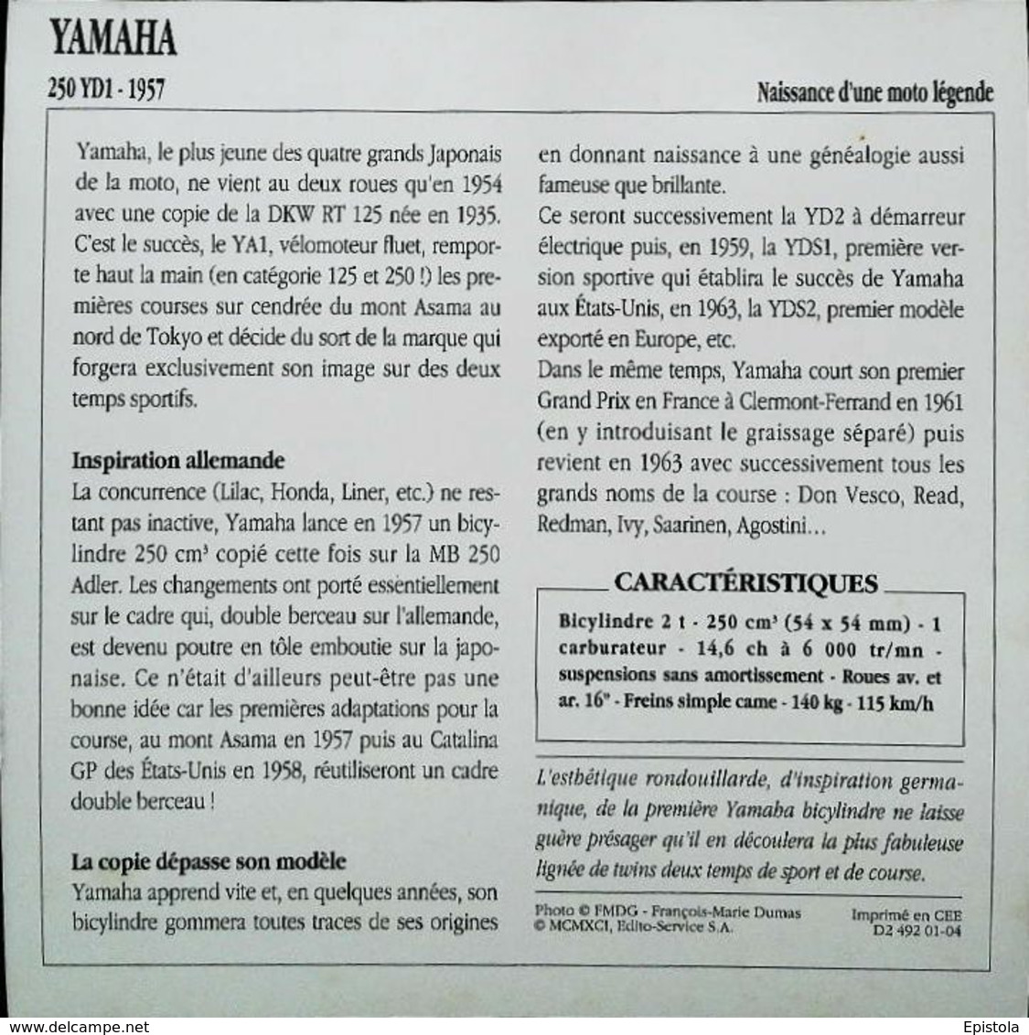 " YAMAHA 250 YD1 1957"  - Collection Fiche Technique Edito-Service S.A. - Collezioni