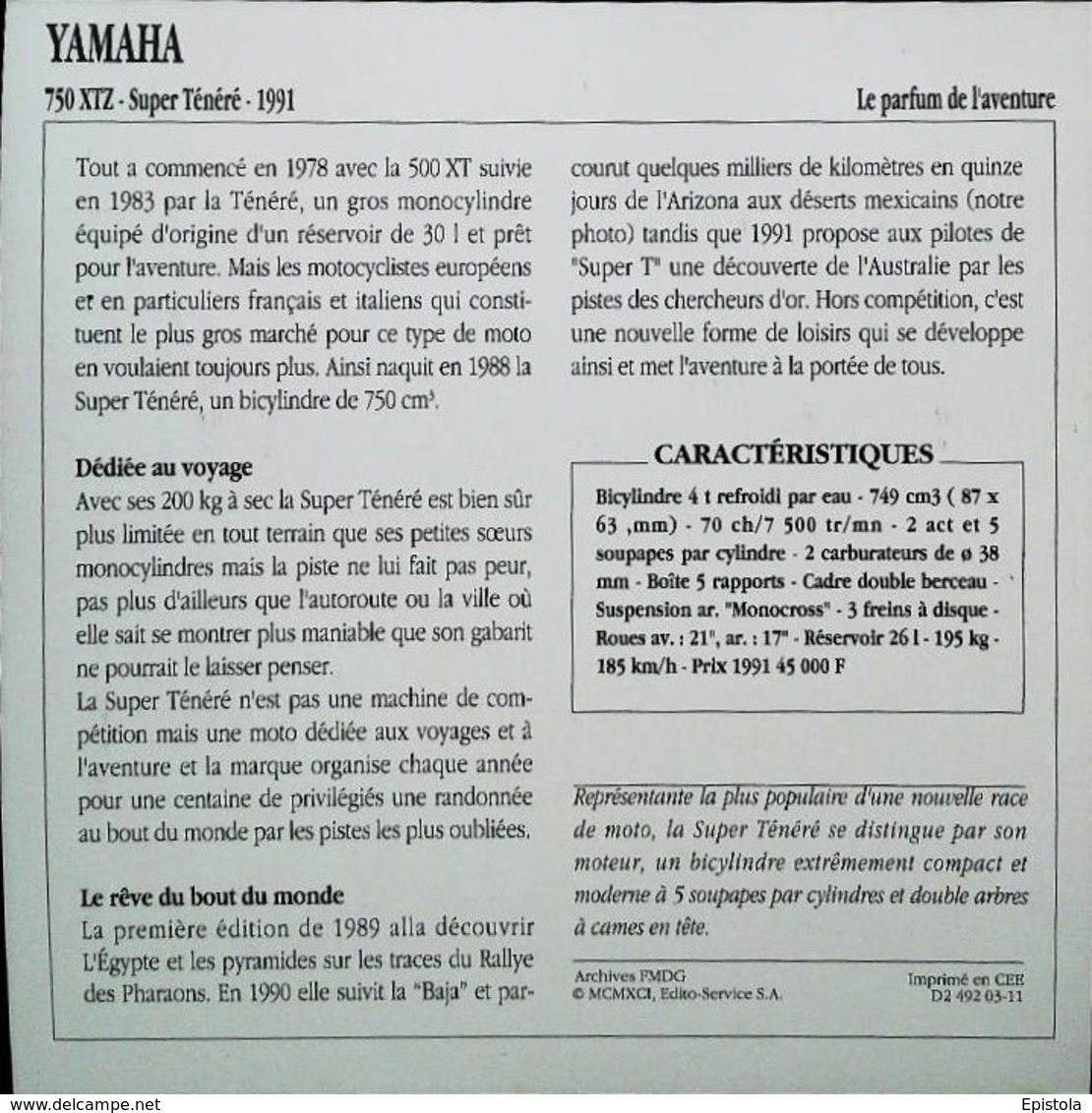 " YAMAHA 750cc XTZ Super Ténéré 1991"  - Collection Fiche Technique Edito-Service S.A. - Collections