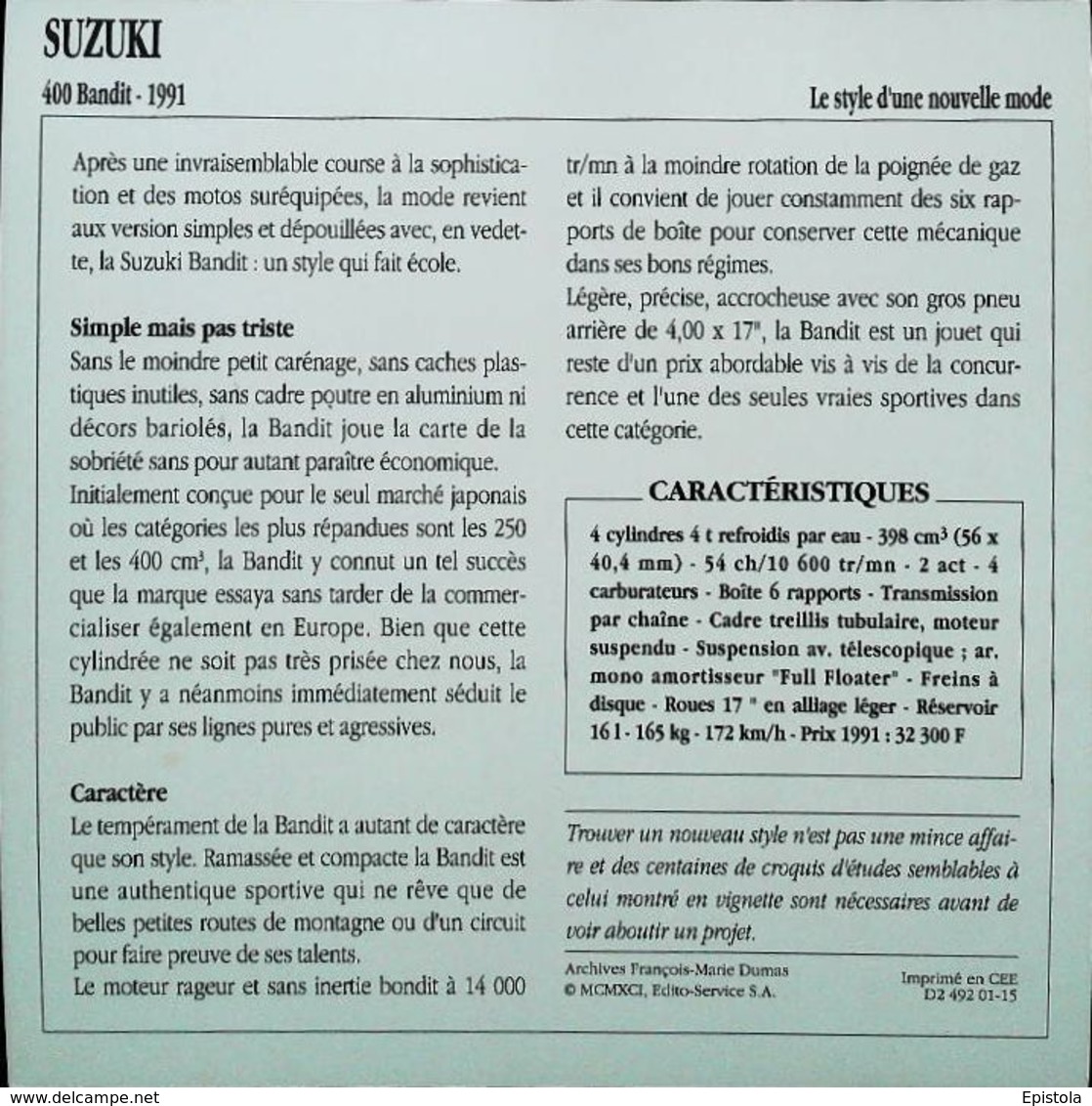 " SUZUKI 400cc Bandit  1991"  - Collection Fiche Technique Edito-Service S.A. - Collezioni