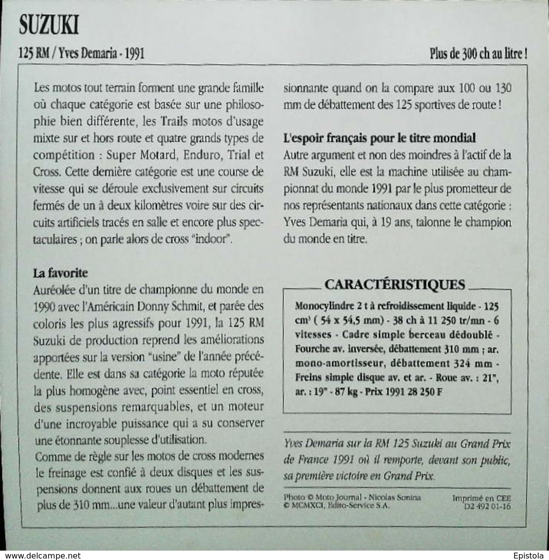 " SUZUKI 125cc RM & Yves DEMARIA "Grand Prix De France 1991 Le Castellet  Collection Fiche Technique Edito-Service S.A. - Verzamelingen