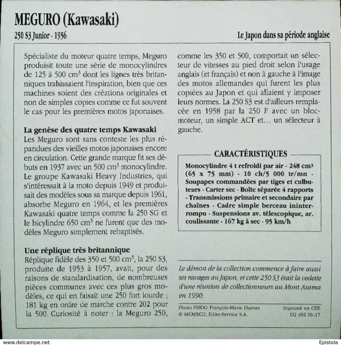 " KAWASAKI MEGURO 250cc S3 Junior 1956 - Rassemblement Mont ASAMA 1990    Collection Fiche Technique Edito-Service S.A. - Collections