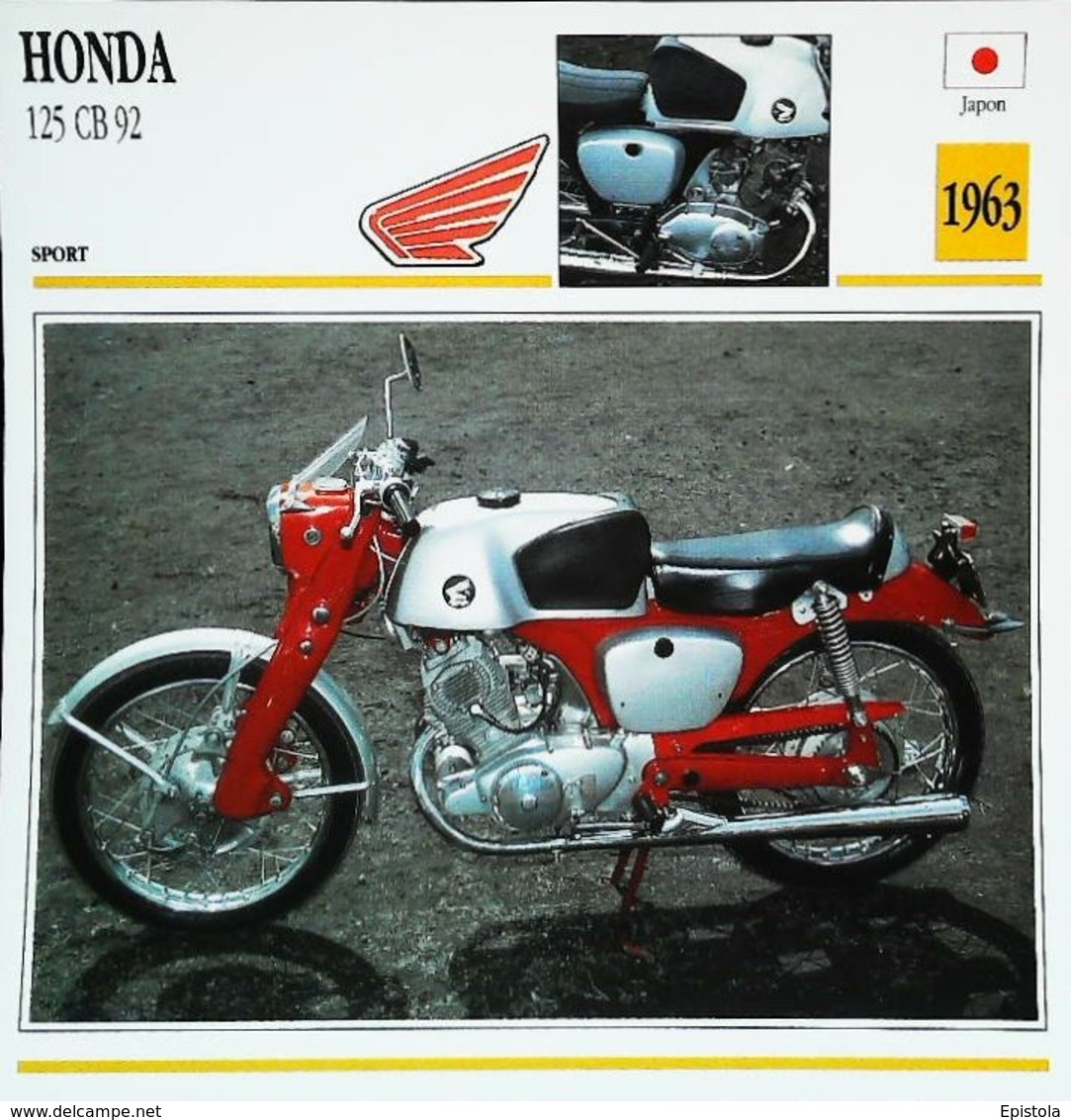 " HONDA 125cc  CB 92   1963"   Collection Fiche Technique Edito-Service S.A. - Collezioni