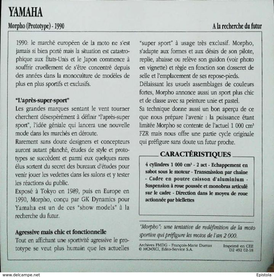 " YAMAHA Morpho 1000cc 1990"   Collection Fiche Technique Edito-Service S.A. - Collezioni