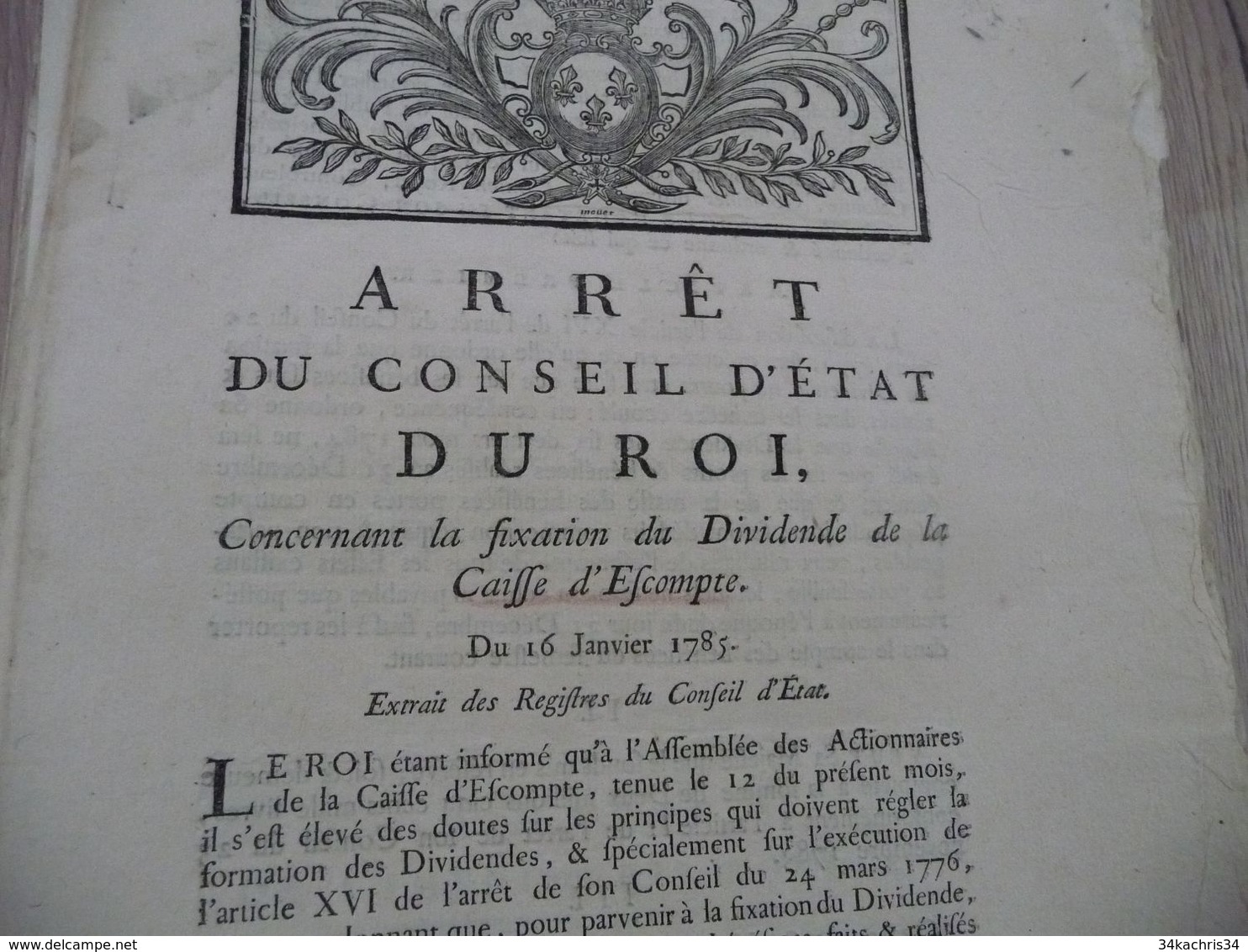 Arrêt Du Conseil D'état Du Roi 16/01/1785  Fixation Dividende De La Caisse D'escompte - Décrets & Lois