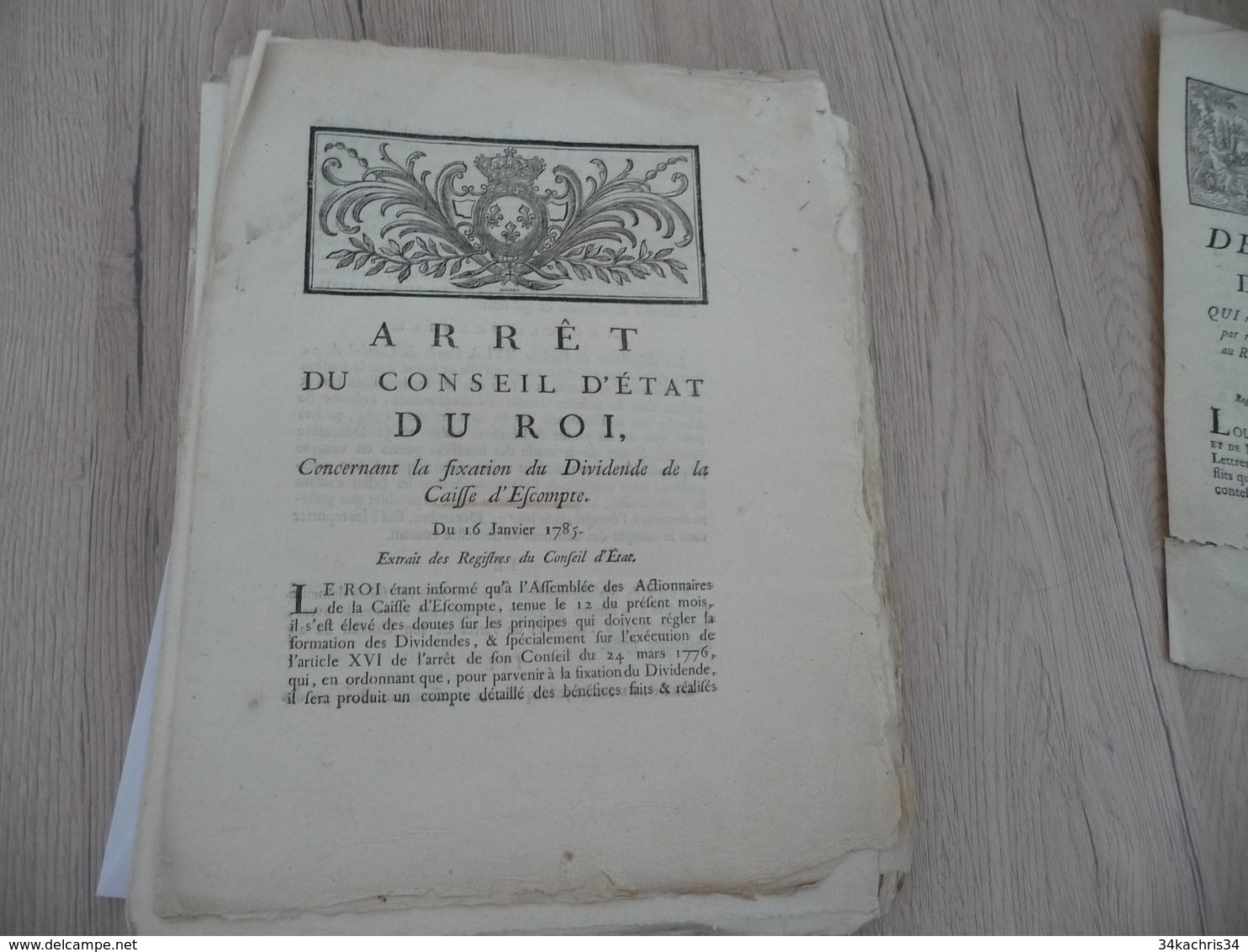 Arrêt Du Conseil D'état Du Roi 16/01/1785  Fixation Dividende De La Caisse D'escompte - Décrets & Lois