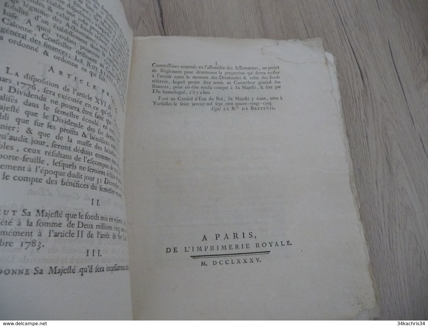 Arrêt Du Conseil D'état Du Roi 16/01/1785  Fixation Dividende De La Caisse D'escompte - Décrets & Lois