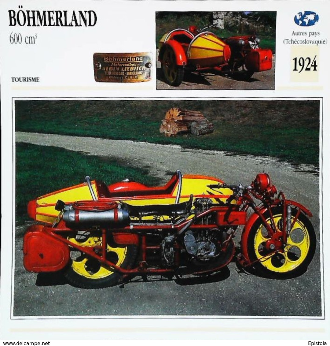 " Motorrad BOHMERLAND 600cc Side Car 1924"   Moto Tchécoslovaque  -  Collection Fiche Technique Edito-Service S.A. - Verzamelingen