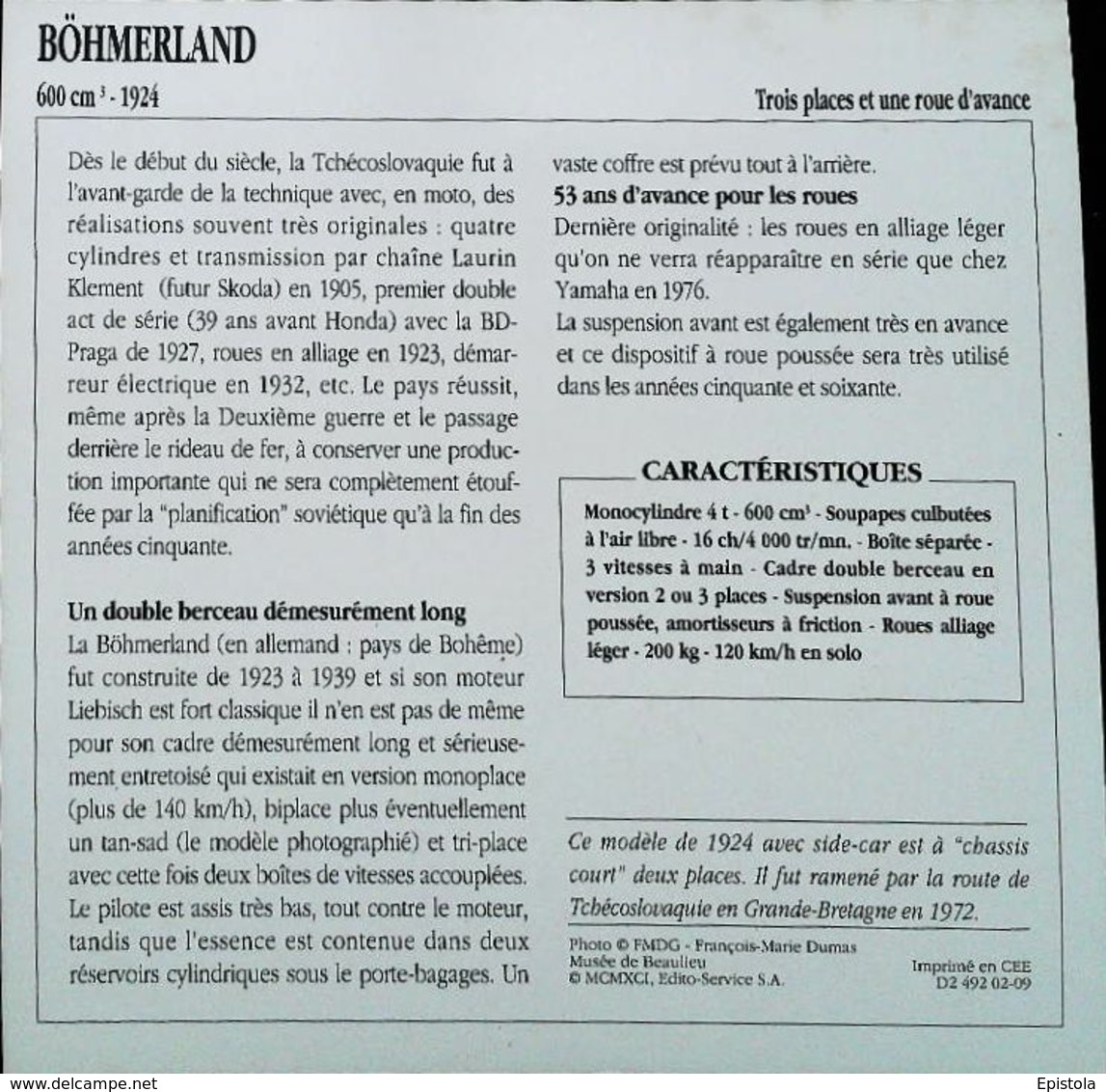 " Motorrad BOHMERLAND 600cc Side Car 1924"   Moto Tchécoslovaque  -  Collection Fiche Technique Edito-Service S.A. - Collections