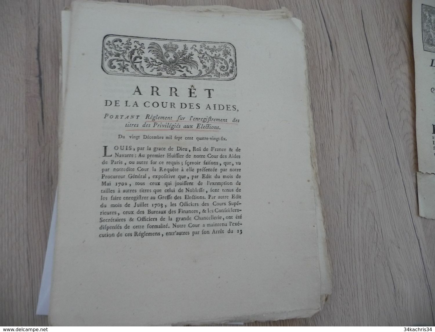 Arrêt De La Cour Des Aides 20/12/1786 Règlement Enregistrement Des Titres Des Privilégiès Aux élections - Décrets & Lois