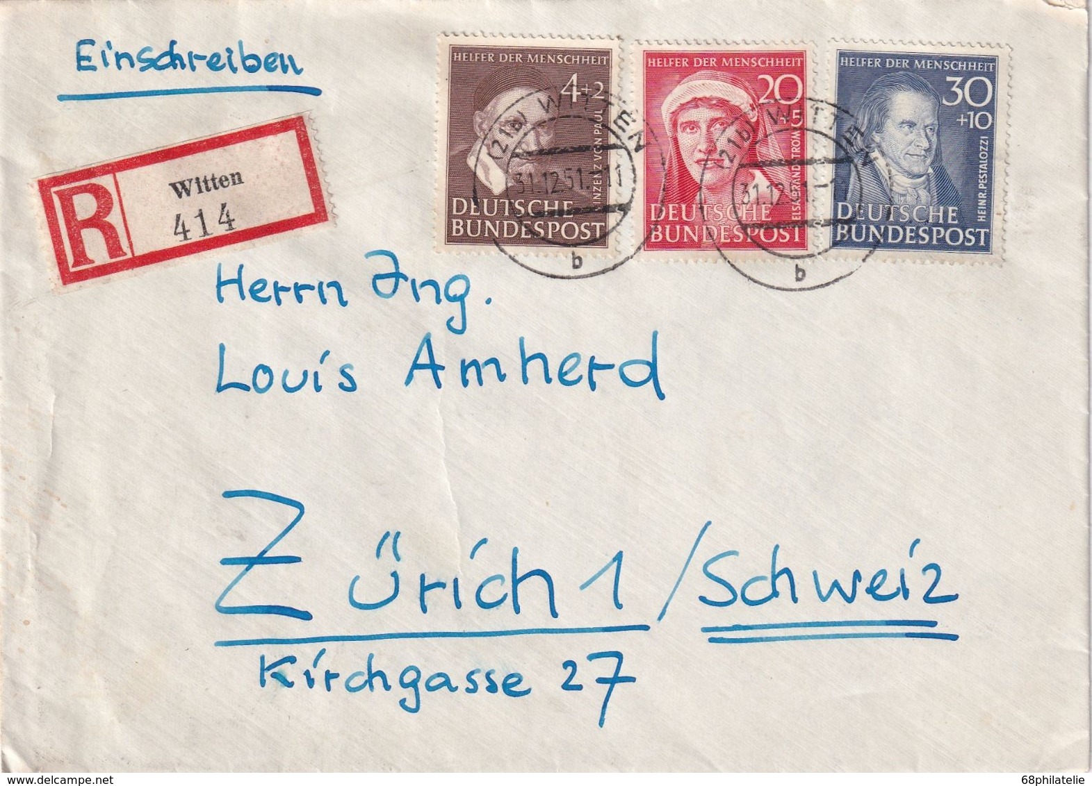 BUND 1952 LETTRE RECOMMANDEE DE WITTEN AVEC CACHET ARRIVEE ZURICH - Cartas & Documentos