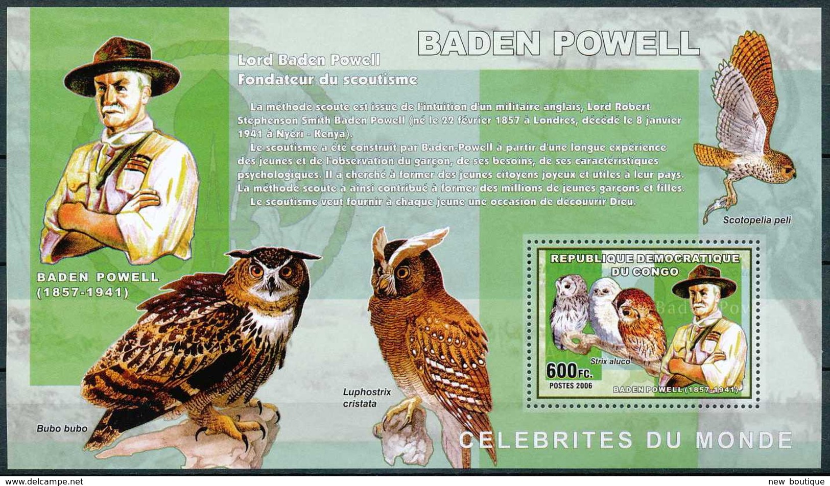 NB - [30003]SUP//**/Mnh-c:15e-BL359, Célébrités Du Monde - Baden Powell, Scout, Hiboux, Chouettes - Ongebruikt