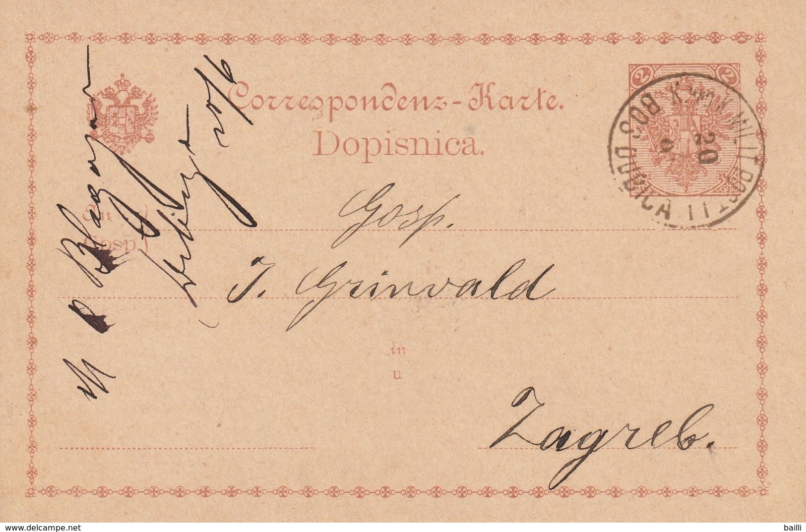 Bosnie Entier Postal Bos Dubica Pour Zagreb 1893 - Bosnia Erzegovina