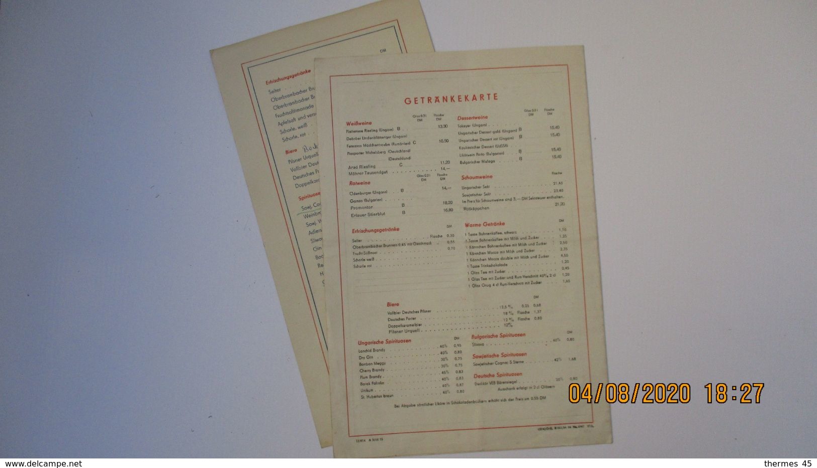 BERLIN / MENU Du RESTAURANT " BUDAPEST " (en Allemand) - Berlijn & Potsdam