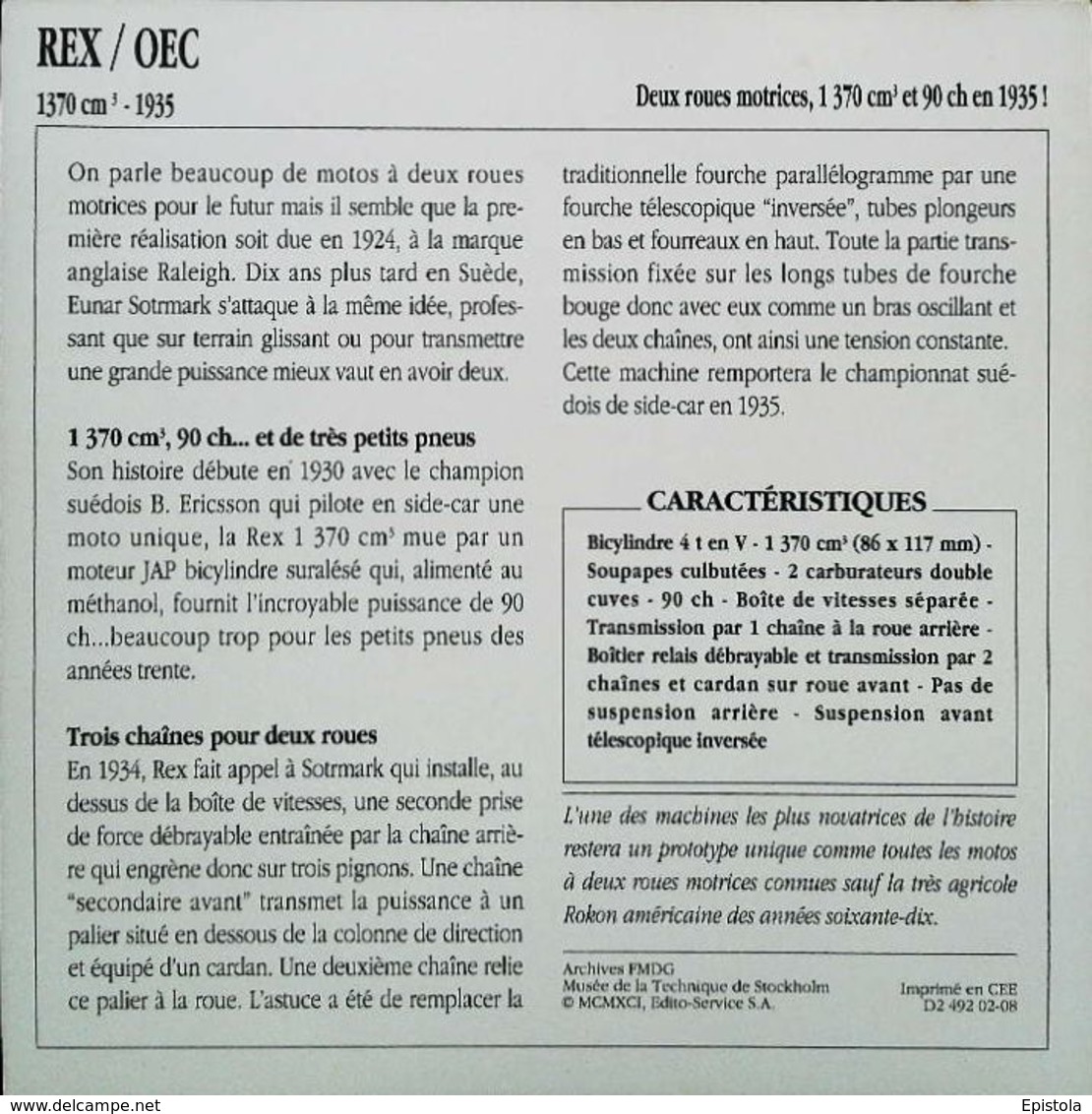 REX OEC 1300cc  2 Wheel Drive 1935 - Moto Suédoise -  Collection Fiche Technique Edito-Service S.A. - Collections