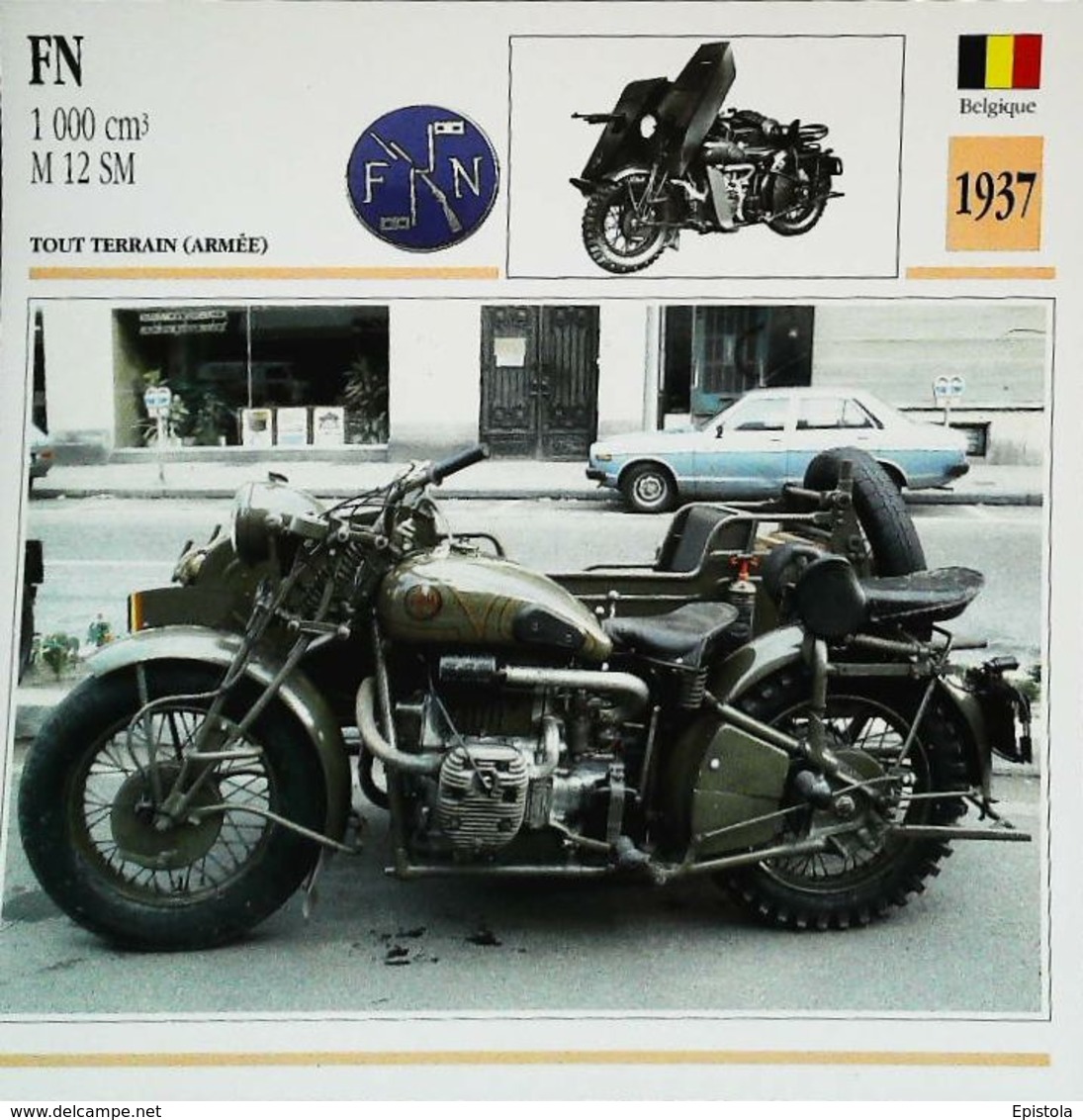 F.N 1000cc M 12 SM  Side Car Tout Terrain 1937 - Moto  Militaire Belge  -  Collection Fiche Technique Edito-Service S.A. - Verzamelingen