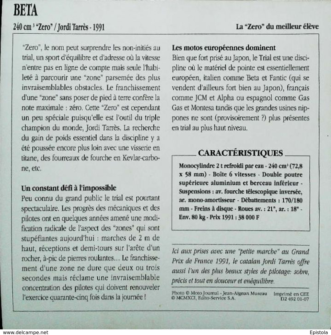 BETA 240cc ZERO Trial De Jordi TARRES  1991  - Moto Italienne - Collection Fiche Technique Edito-Service S.A. - Verzamelingen