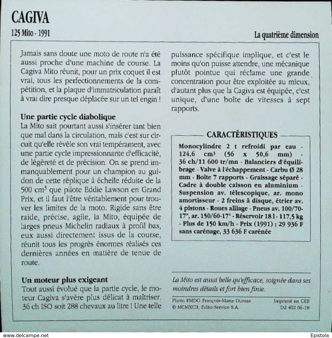 CAGIVA  125cc  Mito 1991 - Moto Italienne - Collection Fiche Technique Edito-Service S.A. - Collections