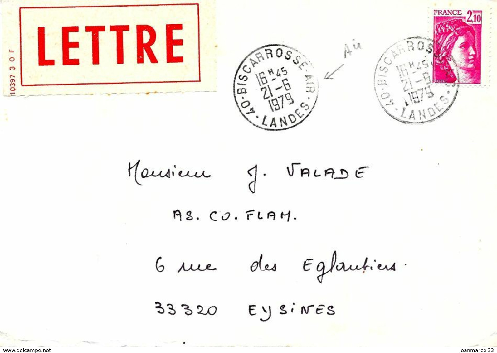 Lettre Cachet Manuel Type A9, 40-Biscarrosse-Air 2I-6 I979, Circulaire, Agence Postale Air - Bolli Manuali