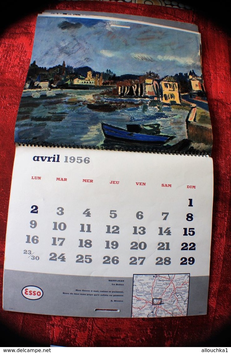 1956 ESSO CALENDRIER PUBLICITAIRE PAYSAGES DE FRANCE INDICATION LIEU SUR CARTE GÉOGRAPHIQUE BAS DE PAGE PEINTURE SIGNÉE