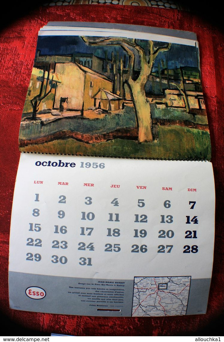 1956 ESSO CALENDRIER PUBLICITAIRE PAYSAGES DE FRANCE INDICATION LIEU SUR CARTE GÉOGRAPHIQUE BAS DE PAGE PEINTURE SIGNÉE