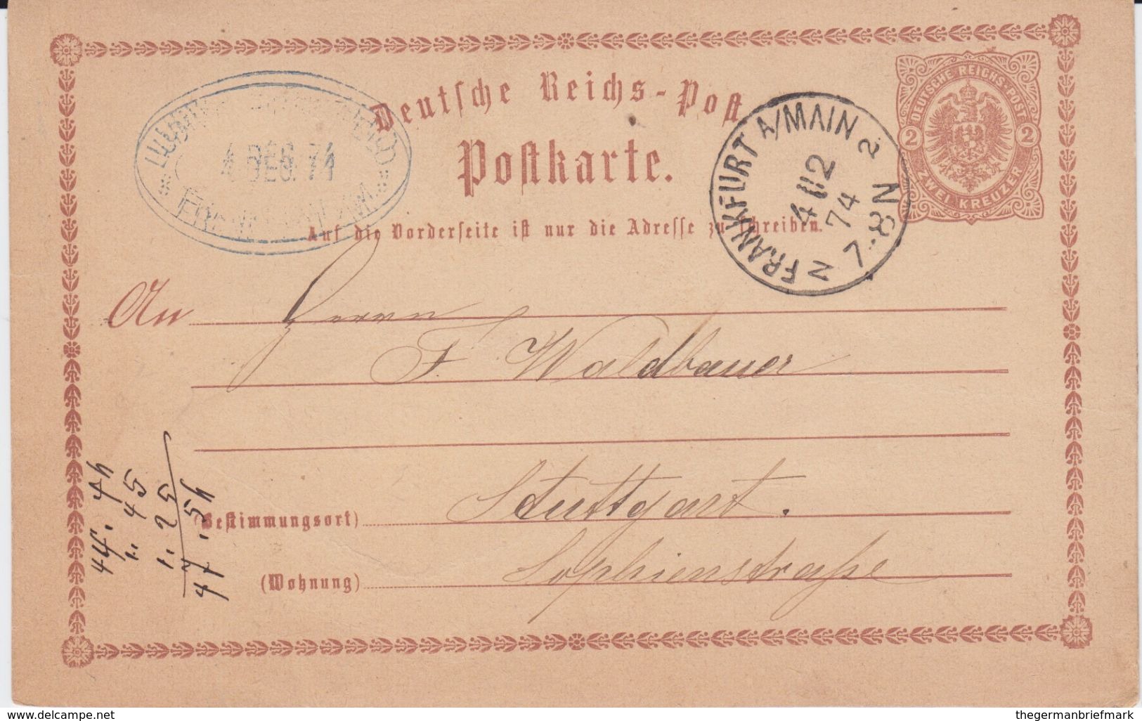 DR Brustschild Ganzsache P 2 Aptierter F-Stempel Frankfurt A Main 1874 - Sonstige & Ohne Zuordnung