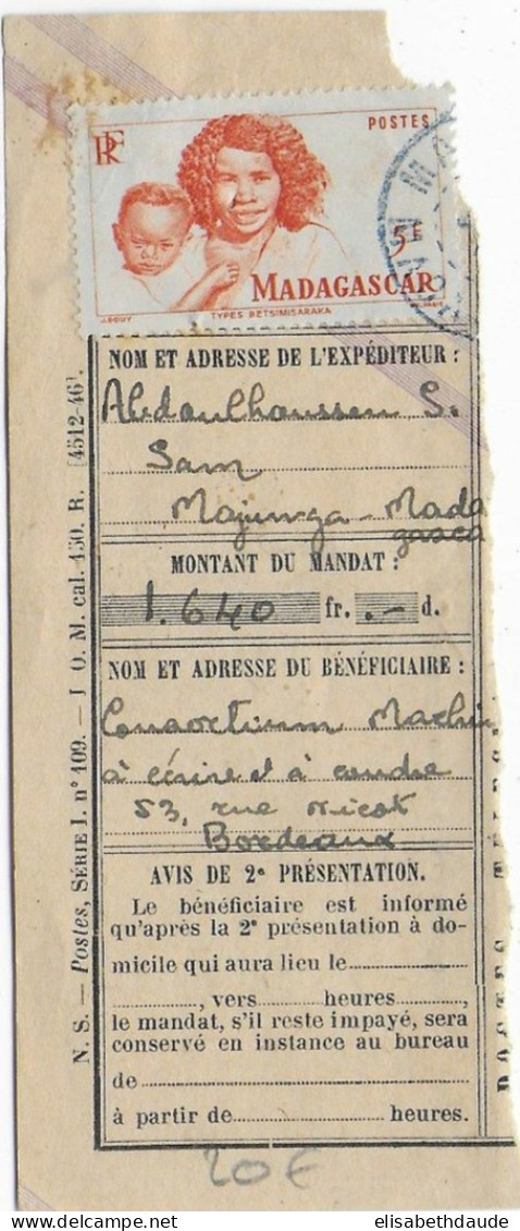 MADAGASCAR - 1949 - TIMBRE Sur COUPON De MANDAT De MAJUNGA => BORDEAUX - Cartas & Documentos