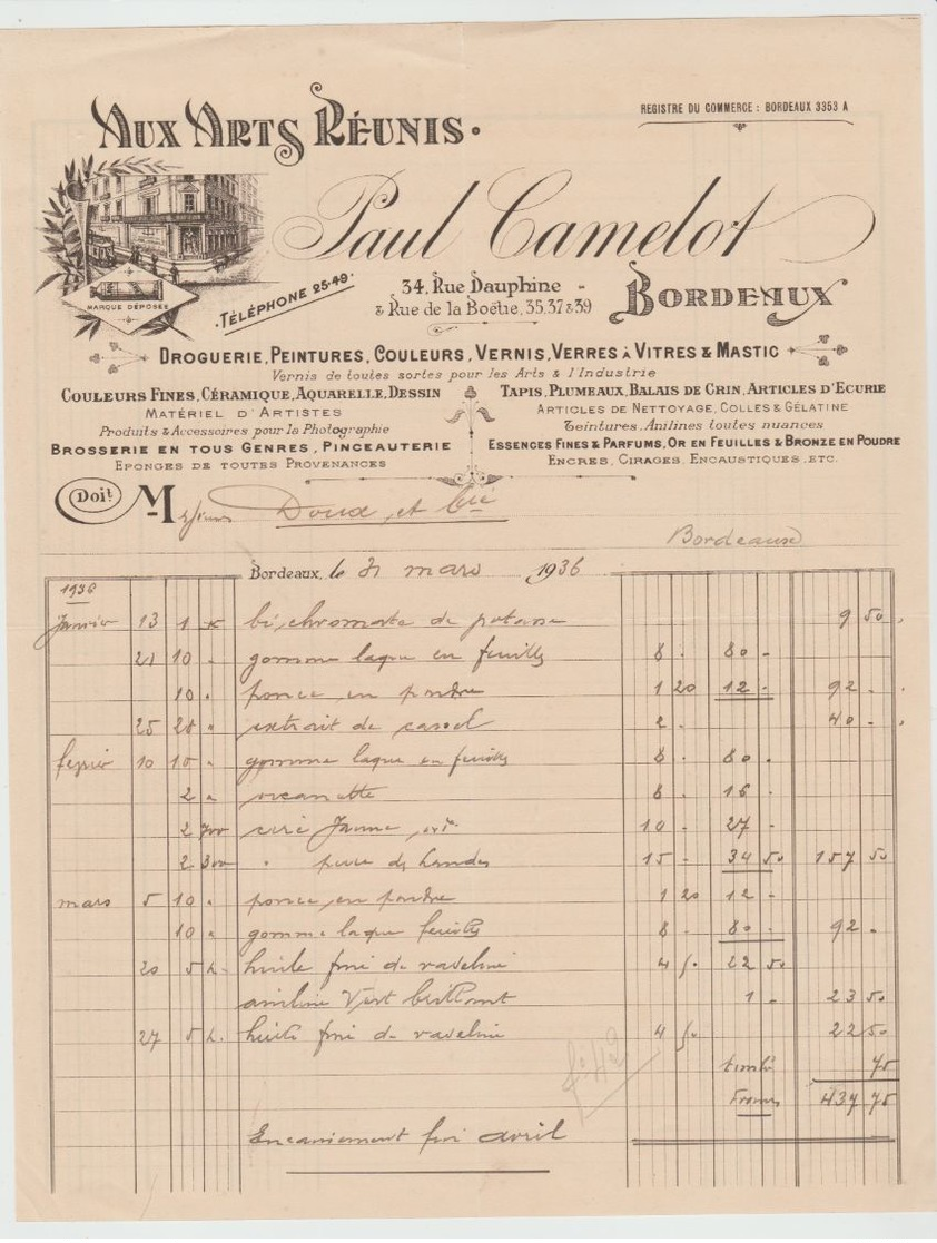 BORDEAUX: P. CAMELOT, " Aux Arts Réunis " Droguerie Peinture, OR En Feuilles / Fact De 1936 - Perfumería & Droguería