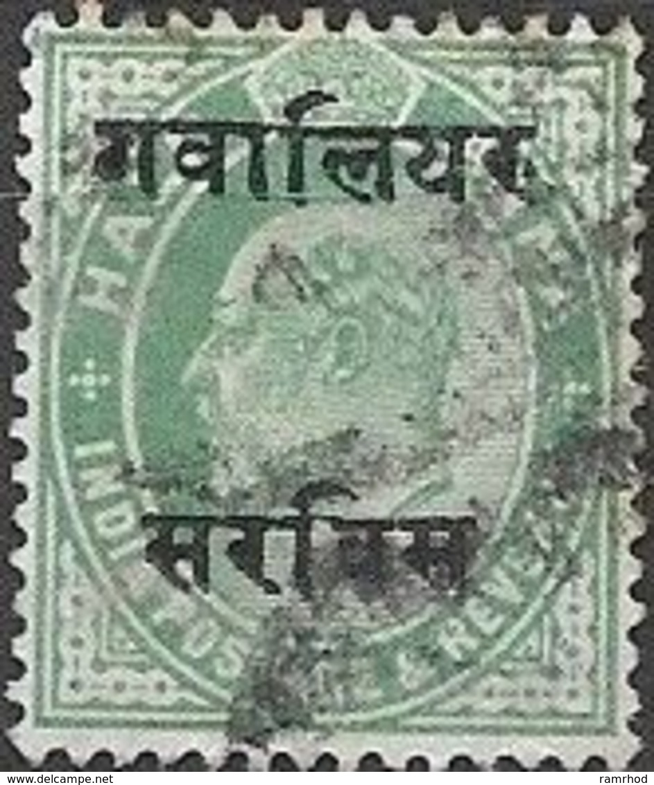 GWALIOR 1907 Official - King Edward VII - 1/2a Green FU - Gwalior