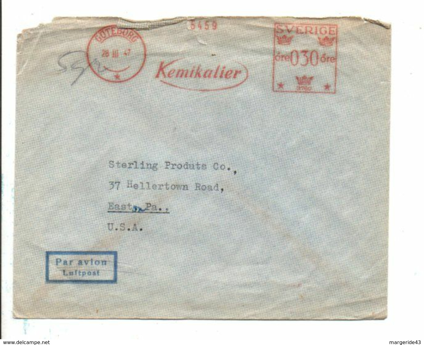 SUEDE EMA SUR LETTRE AVION POUR LES USA 1947 - Sonstige & Ohne Zuordnung