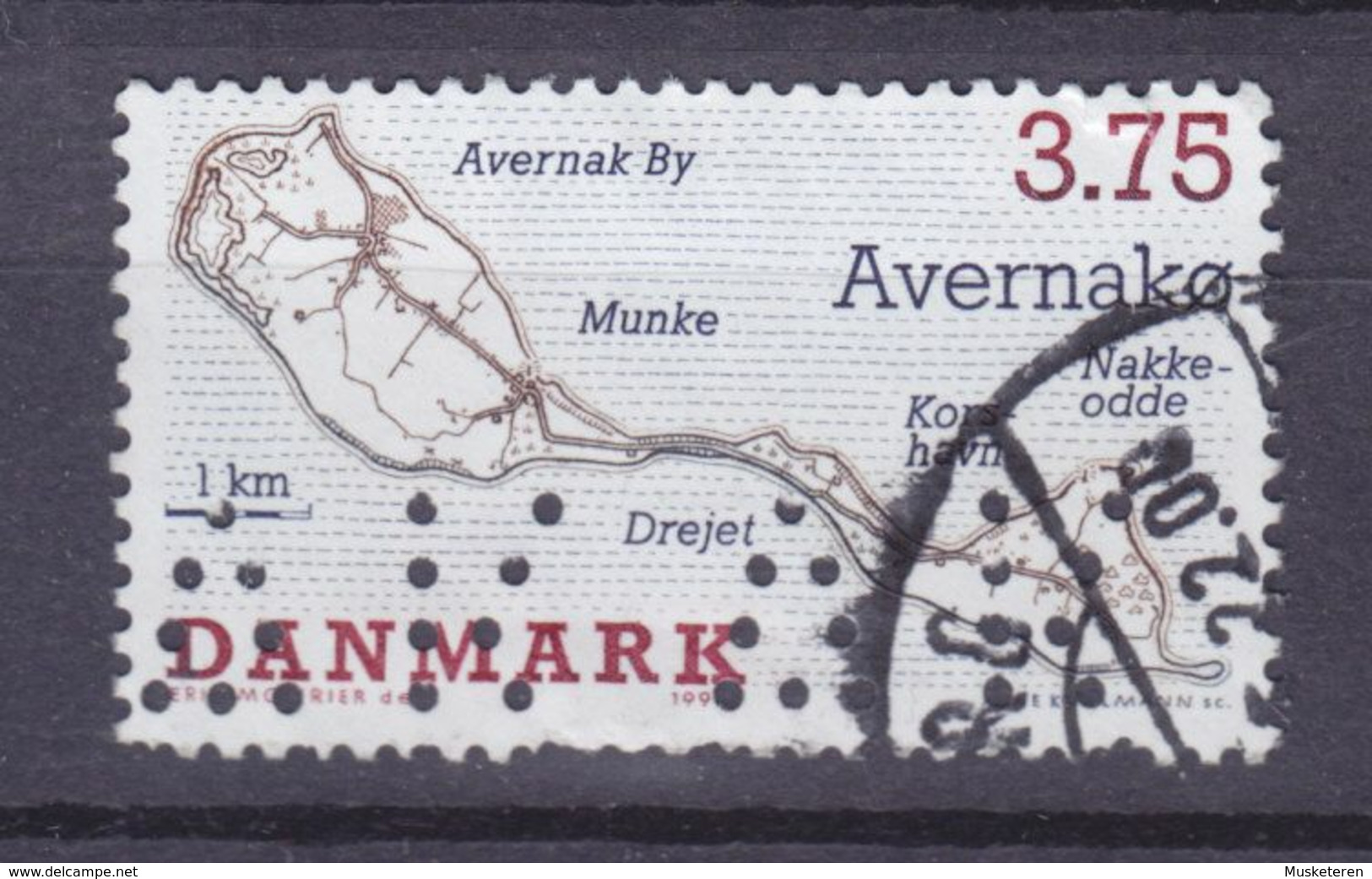 Denmark Perfin Perforé Lochung (A32) 'AK' Aalborg Kommune, Aalborg 1995, Mi. 1096 Avernakø Insel Island Map Landkarte - Variedades Y Curiosidades